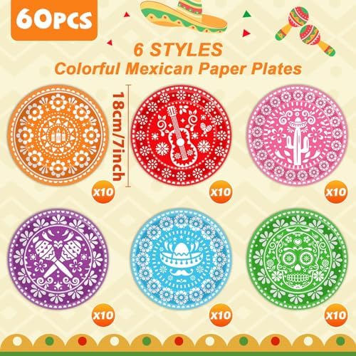 60 PCS Mexican Fiesta Party Plates 7 in Mexican Party Decorations Colorful Papel Picado Fiestas Disposable Paper Dish for Fifth De Mayo Decor Mexico Tableware set, Day of The Dead Dinnerware