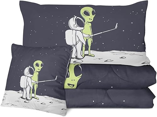 Miniatura 2 de Sleepwish Juego de edredón de astronauta y alienígena (individual), edredón reversible con 2 fundas de almohada, 1 funda de cojín, juego de edredón