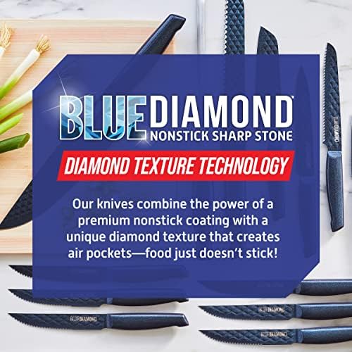 Blue Diamond Sharp Stone Nonstick Stainless Steel Cutlery, 3 Piece Set Including Chef Serrated and Pairing Knives with Covers, Diamond Texture Blade, Blue