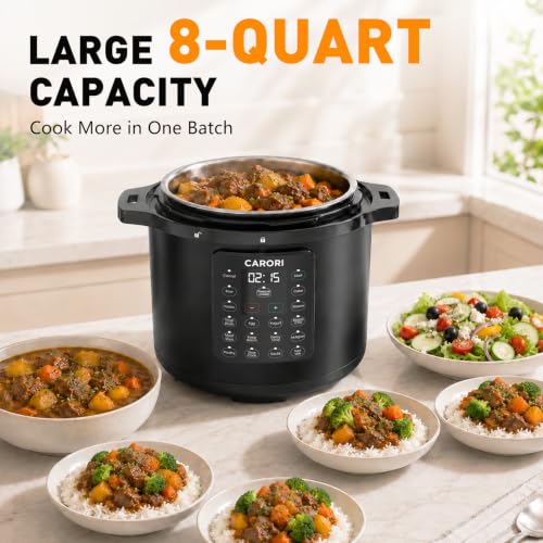 Image of CARORI 8Qt 12-in-1 Electric Pressure Cooker, 1200W, Quick Meals, Time-Saving, Healthy, Easy Cooking Appliance, Slow,Rice,Steamer, Saute, Yogurt Maker, Warmer & Sterilizer,Safer Venting Design, Black
