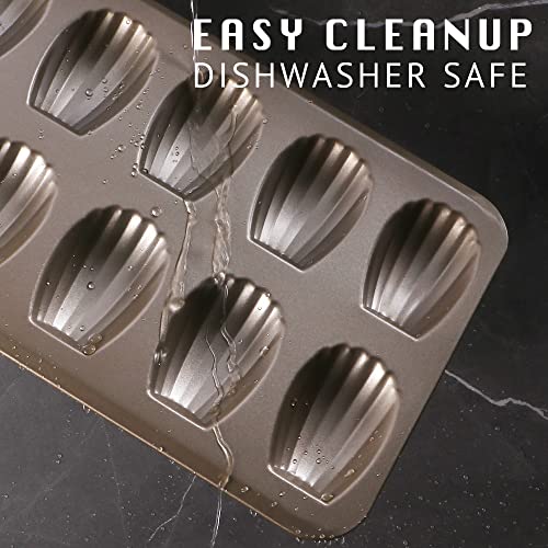 Hongbake Nonstick Madeleine Pan 2 Pack 12-Cavity Heavy Duty Madeleine Cookies Trays For Oven Baking, Warp Resistant Shell Shape Madeleine Mold Cake Pan, Champagne Gold #TOP6