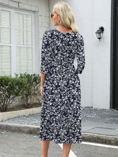 Image of Heymoments Women's Casual 3 /4 Sleeve Midi Dress Crewneck A Line Tiered Flowy Loose Travel Long Dresses with Pockets
