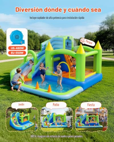 Miniatura 4 de Vevor Castillo Hinchable 344 X 374 X 213 Cm, Parque Infantil Inflable Con Tobogán Acuático, Aro De Baloncesto, Piscina De Chapoteo Y Lanzamiento De Aros De Agua Para 3 A 4 Niños De 3 A 8 Años