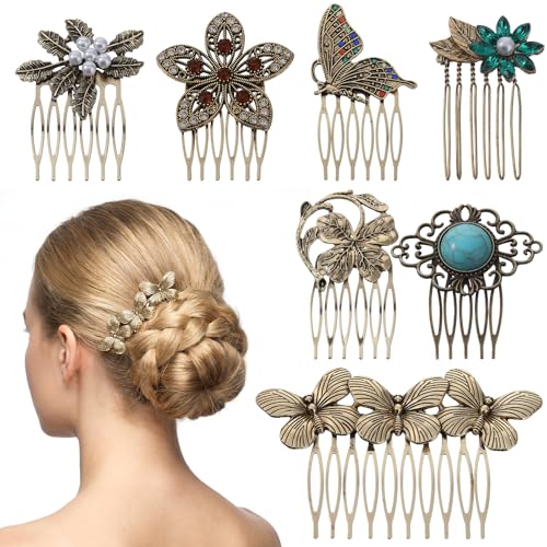 7 Pack Decorative Hair Combs for Women Gold Hair Comb Butterfly Flower Leaf Pearl Rhinestone Metal Hairs Comb Tooth Clip with Teeth Grip French Crystal Bridal Hairs Piece Pins for Wedding Accessories