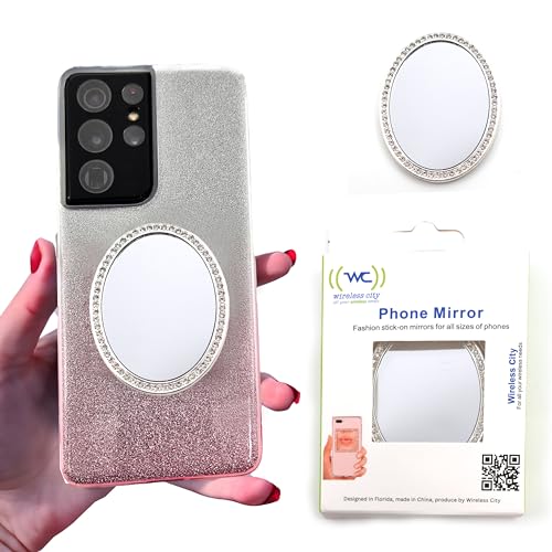 Wireless City Oval Phone Mirror Stick-On, Silver Diamond Bling Makeup Mirror with Cubic Zirconia, 5.5–7cm Ideal for Makeup and Women’s Touch-Ups