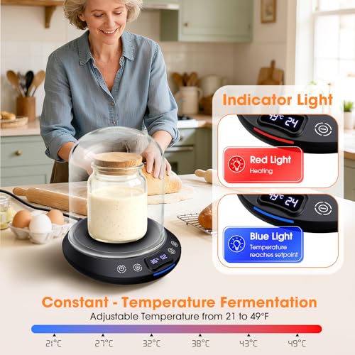 MQFORU Sauerteigstarterwärmer, Wärmeplatte Präzise 1°C Thermostatsteuerung (21-49°C) Sauerteig-Heizmatte, Wärmer für Sauerteigstarter, 0-24h Timer, Auto On/Off, Speicherfunktion (Schwarz)