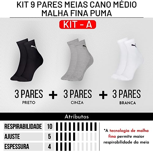 PUMA Kit 9 Meias de Algodão Esportiva Cano Medio 39-43 KIT - A