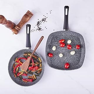 Karaca Biogranite Non-Stick Antibacterial 2 Pieces Cookware Set, Non-Stick Coating, Natural Granite Copper Pots Pans 1 Griddle Pan and 1 Frying Pan, Granite Pots and Pans Set