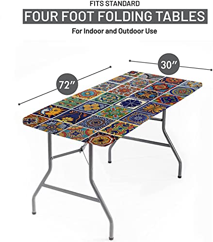 Bohemian Fitted Tablecloth Rectangle 6 Ft-(30" X 72"), Waterproof Wipeable Elastic Table Cover, Lisbon Mediterranean Floral Print Polyester Party Table Cloths, The Ultimate Protection For Your Table #TOP1