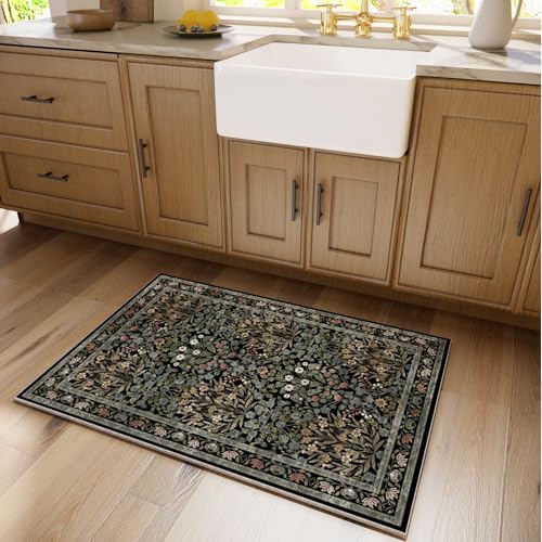 Image of Floral Entryway Rug, 2x3 Kitchen Rugs Non Slip Washable Traditional Design Vintage Floral, Soft Door Mat Indoor Entrance, Ultra-Thin Easy Clean Small Throw Carpet for Bedroom Bathroom