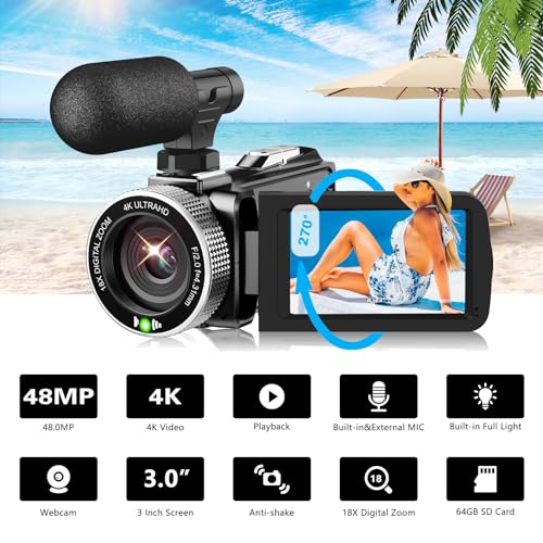 Video Camera Camcorder 4K 48MP 60FPS YouTube Camera with Wireless Lavalier Microphone for Vlogging, Ultra HD 3 Inch Screen 18X Digital Zoom Video Recorder Camera with 64GB SD Card, Remote Control - Thumbnail 2
