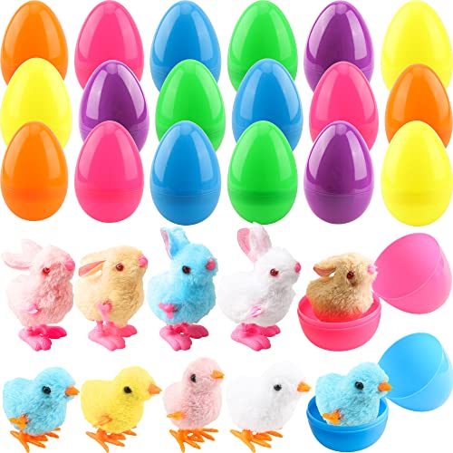 Rcanedny 40 Stück Ostereier zum Aufziehen von Küken und Hasen, Korbfüller, bunte Ostereier mit aufziehbaren Springküken und Hasen für Kinder, Osterkörbchen, Geschenke, Osterkörbe, Füllstoffe Cover