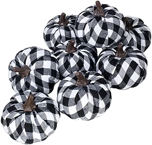 BESTTOYHOME Set of 8 Small Faux Autumn Decorative Fabric Pumpkins Foam Pumpkins in Black & White Buffalo Check for Rustic Farmhouse Fall Halloween Thanksgiving Harvest Table Mantel Kitchen Decor
