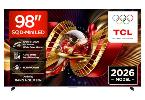 TCL 98C8L – Smart TV SQD‑Mini LED 4K HDR10+ da 98", 6.000nit | 4,032 Dimming Zones, Dolby Vision IQ & Atmos, 144Hz, ZeroBorder Design, Audio by Bang & Olufsen