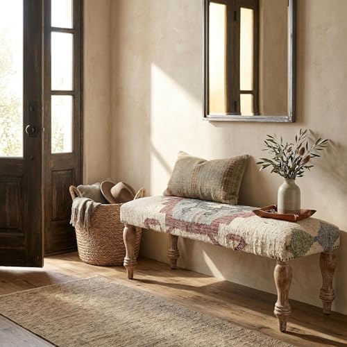 LR Home Off-White/Multicolor Handmade Upholstered Bench for Bedroom End of Bed | Modern Accent Bench for Living Room, or Entryway Seating | Long Rectangle Sitting Bench | 47" W x 16" D x 18" H