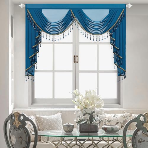 Leeva 59" Wide Cobalt Blue Waterfall Valance, 2 Swags Elegant