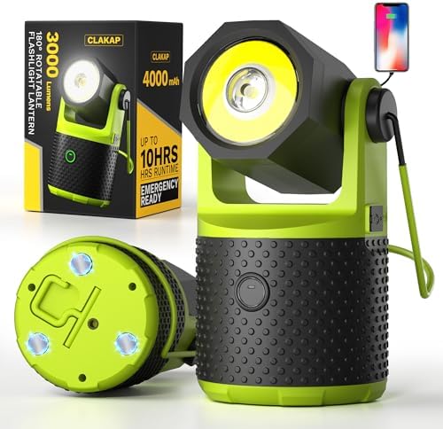 CLAKAP LED Camping Lantern, 3000Lumens Rechargeable 180°Rotatable Flashlight Lantern, Portable Camping Light with 4000mAh Phone Charger, IPX4 Waterproof Lanterns for Power Outages Hurricane