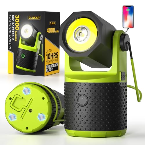 CLAKAP LED Camping Lantern, 3000Lumens Rechargeable 180°Rotatable Flashlight Lantern, Portable Camping Light with 4000mAh Phone Charger, IPX4 Waterproof Lanterns for Power Outages Hurricane