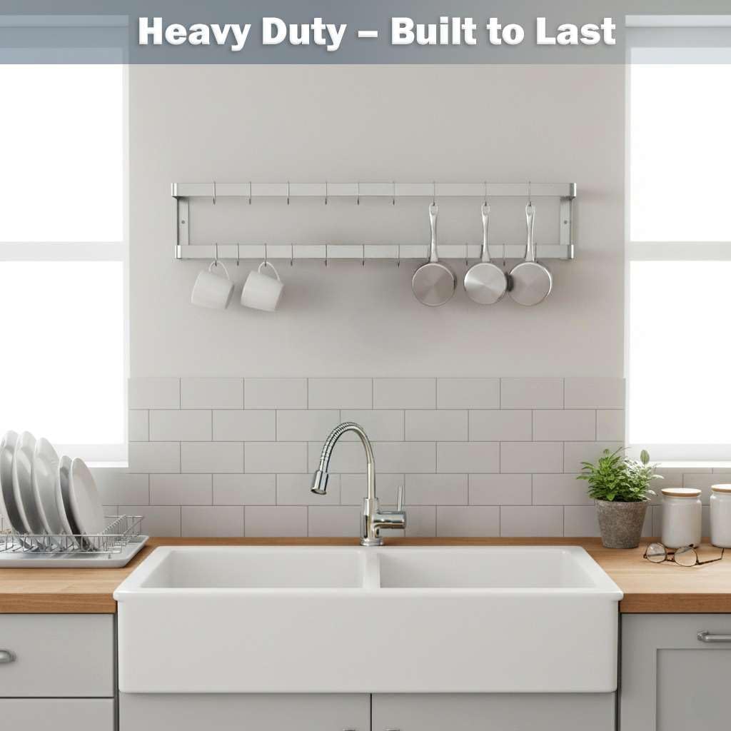 24" Stainless Steel Wall Mounted Double Line Pot Rack with 18 Hooks, Commercial Kitchen Use