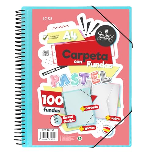 Starplast Carpeta Con Fundas Espiral Flexible - 100 fundas transparentes, A4, cierre elástico, tapa polipropileno, portada personalizable, para uso Escolar y Oficina - color Azul Pastel