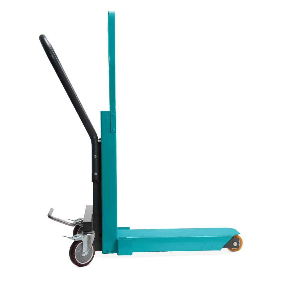 Ameise Display-Palettenheber PTM | 250 kg Tragkraft | 90-390 mm Hubbereich | 580 mm Gabellänge | hydraulisch | Polyurethan-Gabelrollen | Bockrolle | 2 Lenkrollen mit Feststellern | Türkisblau