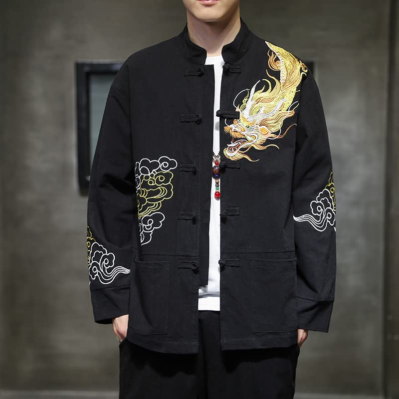 Aoleaky Chinese Style Men's Jacket Dragon Embroidery Retro Tops Long Sleeve Han Tang Coat Traditional Clothes For Men Hanfu4