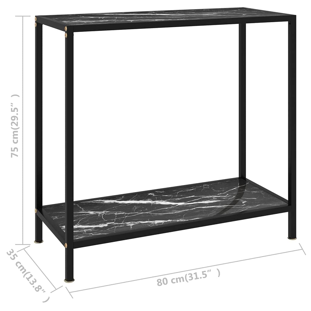 Stolik konsolowy czarny 80 x 35 x 75 cm ze szklanym blatem ze szkła hartowanego, wytrzymały stolik pomocniczy z malowaną proszkowo stalową ramą i dodatkową półką, łatwy do czyszczenia