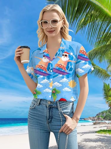 Christmas July Shirt Women: Christmas Hawaiian Shirts Casual Summer Holiday Blouses Button Up Tops — view 3