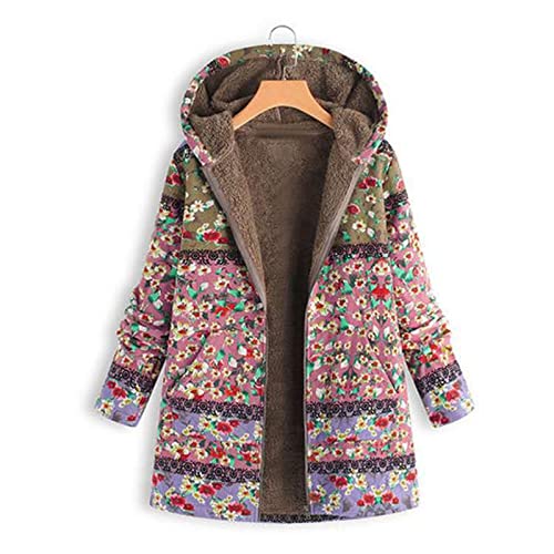 Fall Jacket For Women 2022, Womens Winter Clothes Womens Vests Outerwear Ladies Long Sleeve Hooded Thick Composite Plush Vintage Flower Print Plus Size Hooded Jacket Side Open (Pink,Xx-Large) #TOP1
