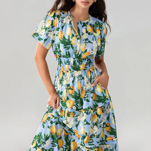 Image of Women Summer Boho Maxi Dress Smocked Waist V-Neck Short Sleeve Tiered Flowy Dresses Beach Sundress Clubwear (A-01, L)