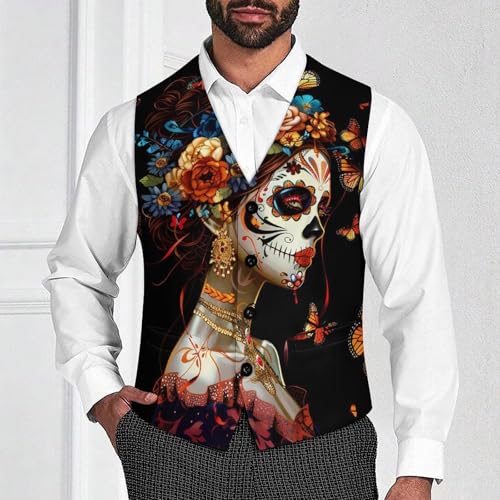 Day of The Dead Skull Woman Monarch Butterfly Men's Suit Vests Business Formal Dress V-Neck Waistcoat Tops with 2 Pockets2