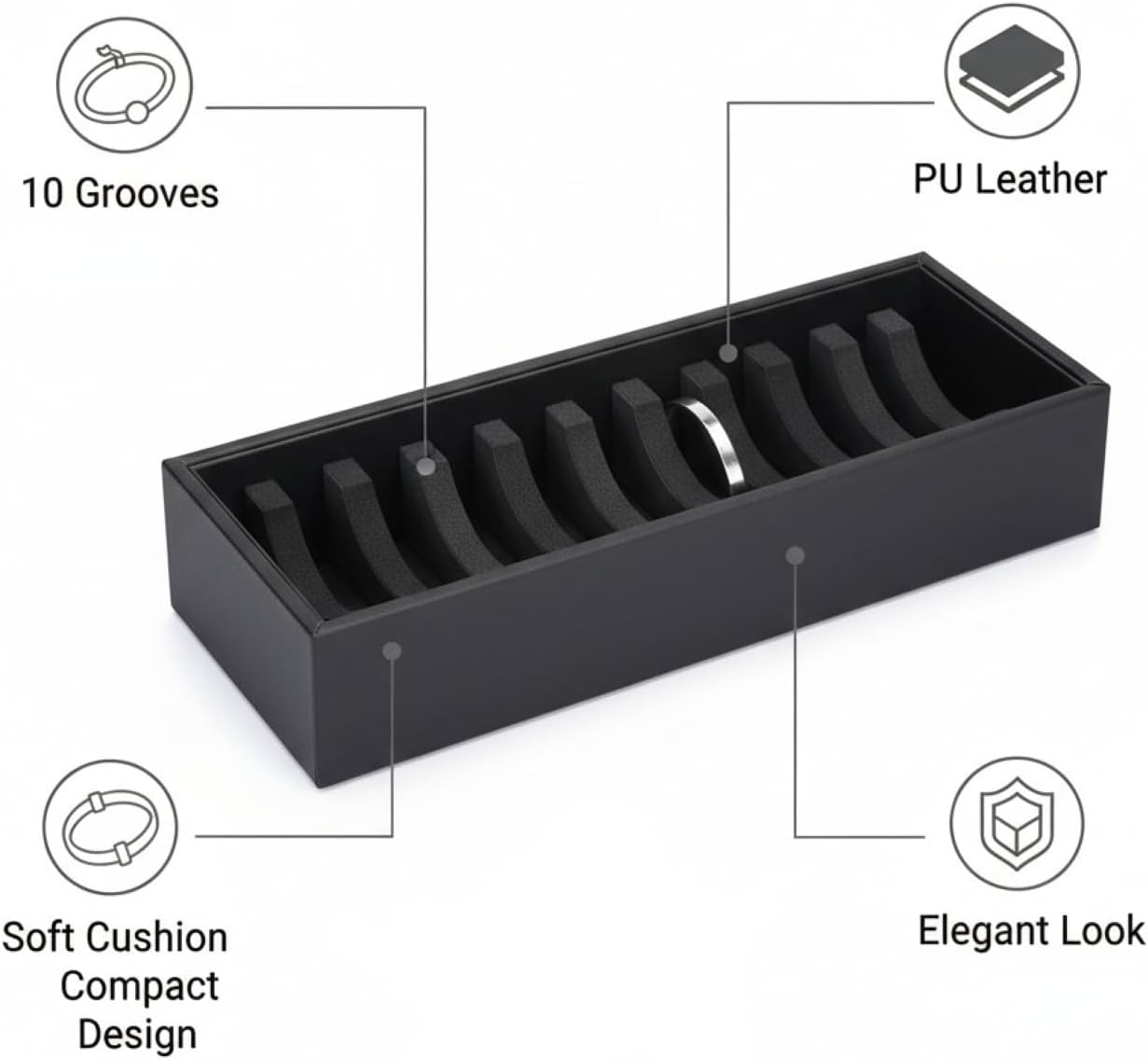 I-MART Black Bracelet Organizer Box with 10 Grooves, PU Leather Bracelet Holder and Bangle Organizer Tray, Jewelry Bangle Storage Box for Bracelets, Bangles and Cuffs, Display Holder
