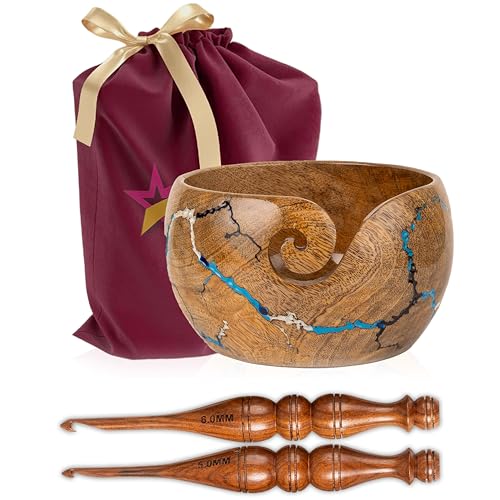 Image of Wooden Yarn Bowl for Crocheting, 7x4 inch Large Crochet Holder Gift Accessories and Knitting Gadgets Supplies Handcrafted with Mango wood Fractal Burning & Blue,White,Black Resin Inlay (M-Multi)