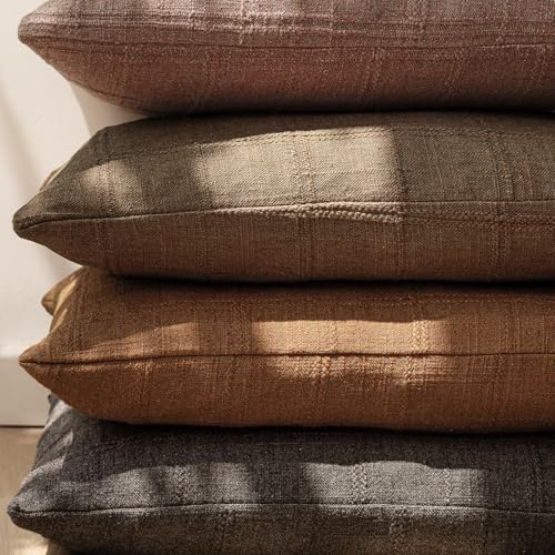 Image of Foindtower Set of 1 Decorative Linen Check Throw Pillow Cover Neutral Farmhouse Vintage Cushion Cover Modern Boho Home Decor for Sofa Chair Couch Bedroom Living Room,22x22 Inch,Orange