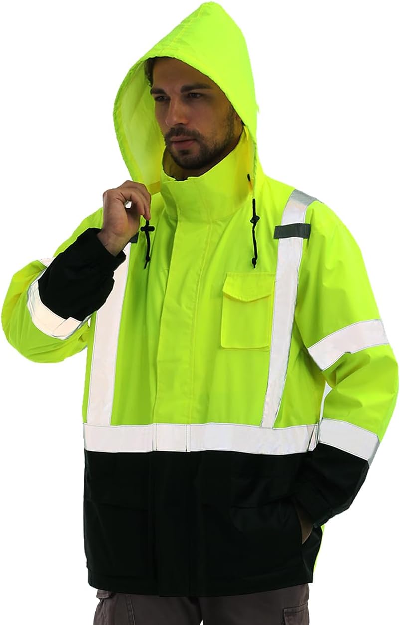 High Vis Rain Jacket, Rain Suits for Men Waterproof with Black Bottom, Class 3 Rain Coats for Men Interior Mesh, High Visibility Rain Gear, Removable Hood Orange (4XL/5XL)