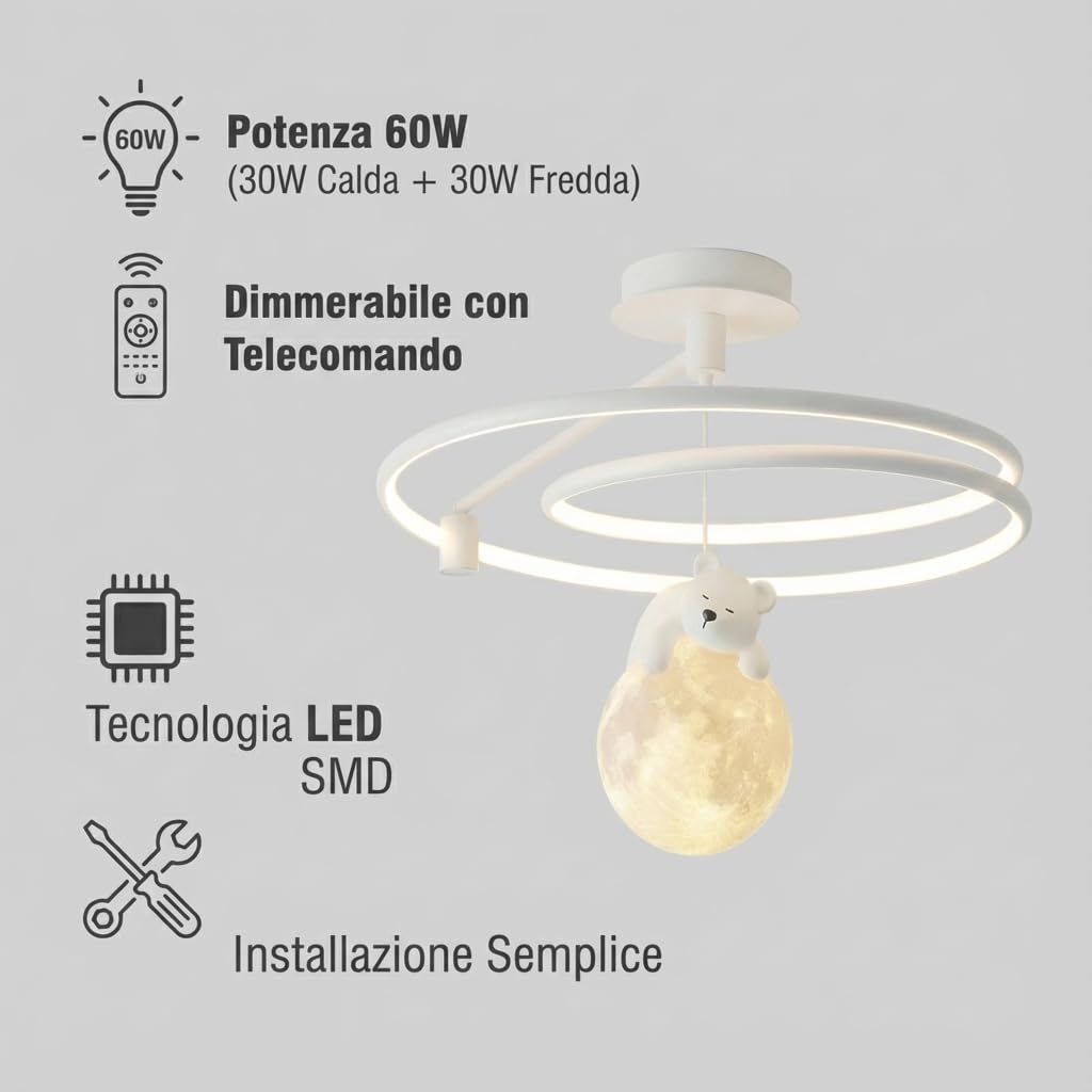 MAKA Lampadario LED Cameretta Bambini 60W Dimmerabile con Telecomando, Orsacchiotto sulla Luna, Luce Calda Naturale Fredda 3000K–4200K–6400K, Bianco, Plafoniera 15 cm, Ø 50 cm (60 Watt)