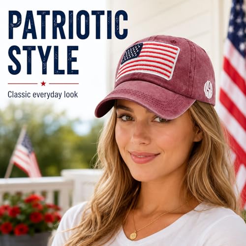 Image of American Flag Baseball Cap for Men Women, Washed Cotton USA Hat, Adjustable Patriotic Cap for 4th of July