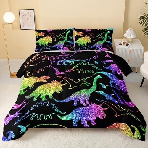Image of QOOMO Rainbow Dinosaur Comforter Set for Girls Boys, Twin | Cartoon Dino Kids Bedding, 1 Comforter + 2 Pillowcases, Shiny Glitter, Bedroom Decor