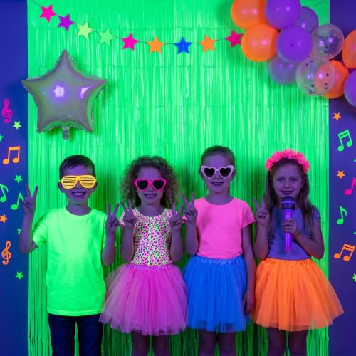 Image of TONIFUL 2Pcs Fluorescent Green Metallic Tinsel Foil Fringe Curtain Streamer | 3.3ftx6.6ft Photo Booth Backdrop Door Streamer Curtain for Black Light Glow Party Birthday Graduation Disco Decorations