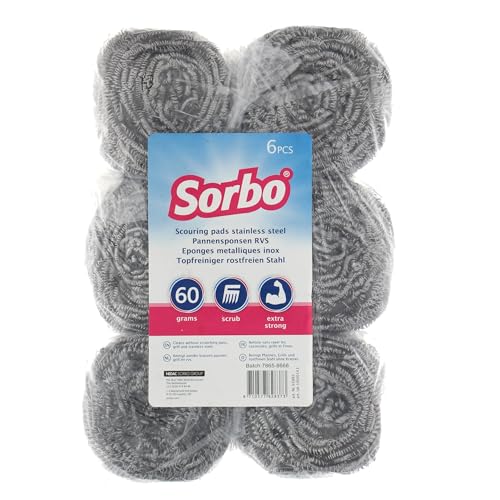 Sorbo RVS – Set di 6 spugne abrasive in acciaio inox – Extra forte – 60 g per spugna – per pentole bruciate, teglie, barbecue e barbecue, durevole e antiruggine
