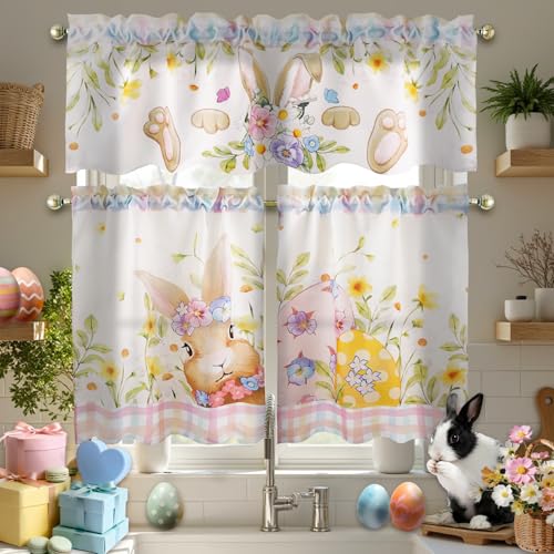 wefrea Easter Kitchen Curtains 3 Piece Set, Easter Valances for Windows, Spring Kitchen Curtains for Bedroom Living Room Decor 36 Inch