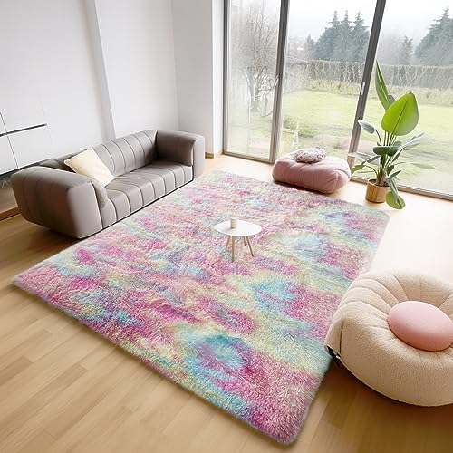 Ophanie Machine Washable 5 x 8 Rugs for Living Room,Rainbow,Large Fluffy Fuzzy Plush Shag Comfy Soft, Non-Slip Indoor Floor Carpet, Kids Boys Girls Dorm,Bedroom,Playroom, Nursery Home Decor Aesthetic