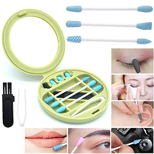 Reusable Cotton Swabs, Portable Silicone Washable Cotton Swab with Dust-Proof Case for Ear Cleaning Makeup Beauty, Double Tipped Silicone Cotton Buds (Green)