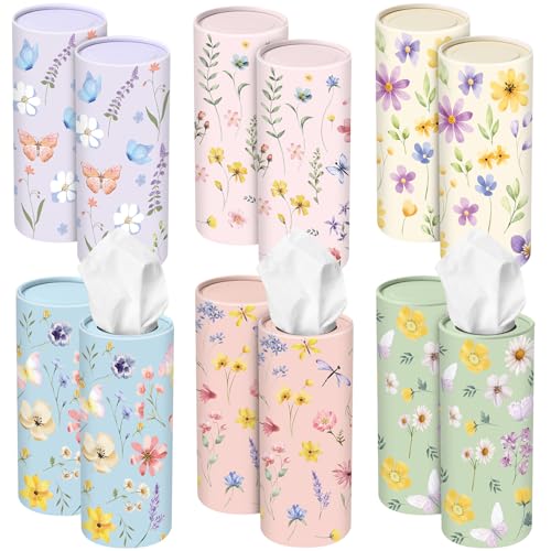 Outus 12 Pcs Floral Car Tissue Holder Cylinders with 3 Ply Facial Tissue Bulk, Portable Paper Dispenser for Cup Holder, Travel Bathroom Table Decor, Tissues Boxes Container for Home Office Party