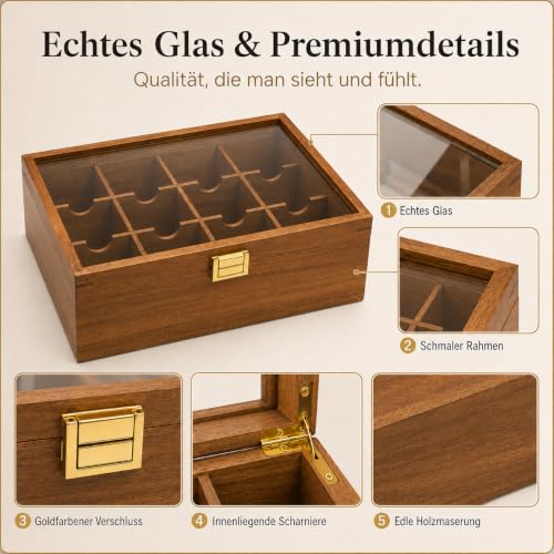 Foto von ALVERO Teebox aus Holz mit Glasdeckel, 12 Fächer, Goldener Verschluss, Elegante Holzoptik, Ideal für Küche, Büro und Teestation