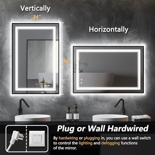 Image of LED Bathroom Mirror with Front and Backlit 24 inchx36 inch, Black Frame, Wall Mounted, Dual LED Strips, Fogless, Dimmable, 3 Color Changing, Shatterproof, Horizontal /Vertical