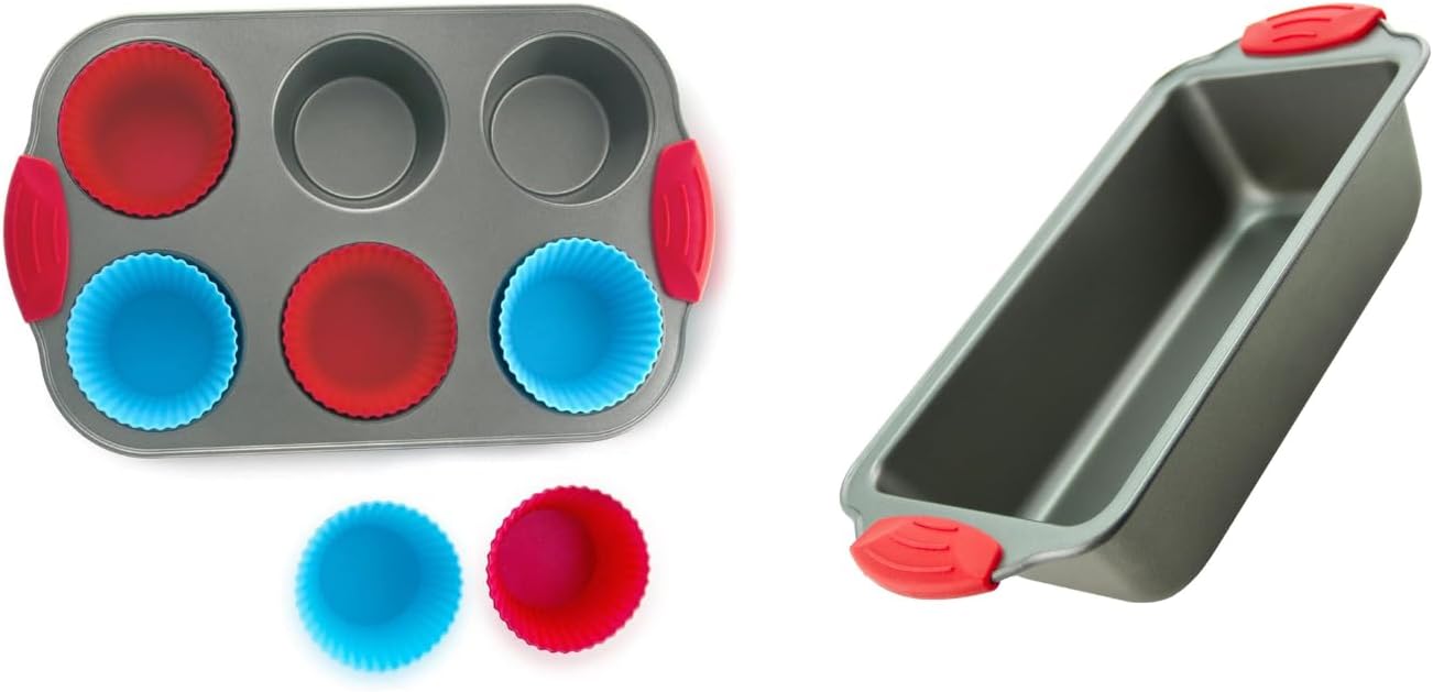 Boxiki Kitchen Premium Baking Set: Non-Stick Steel Jumbo 6 Cup Muffin Pan with Silicone Handles & Reusable Liners + Non-Stick Steel Banana Bread Pan with Easy-Grip Silicone Handles.