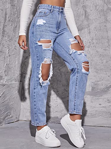 Floerns Women's High Waist Straight Leg Ripped Jeans Distressed Denim Pants Light Blue Solid L #TOP3