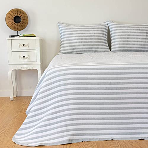 Casa da Laura - Colcha Blanca y Gris para Cama 180 - Colcha 260 x 270 cm - Colcha con Rayas - 50% Algodón y 50% Poliéster