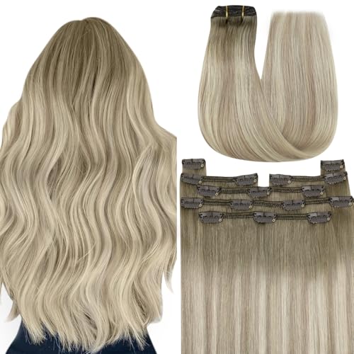 Image of YoungSee Blonde Clip in Hair Extensions 12 Inch Short Human Hair Clip ins Extensions Ash Blonde Balayage Platinum Blond, Easy to Wear at Home, Clip in Extensions Real Human Hair for Beginners 7Pcs 85G